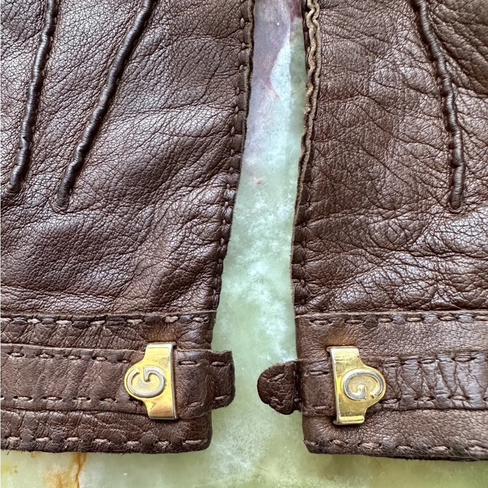 RARE VINTAGE 1970s GUCCI ITALY LADIES DARK BROWN LEATHER GLOVES GOLD LOGO EUC - Picture 2 of 8